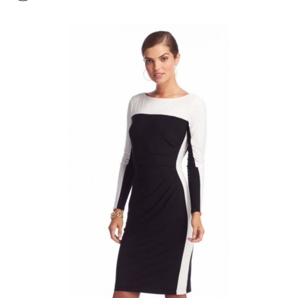 Ralph Lauren Black and White Long Sleeve Dress with Ruching